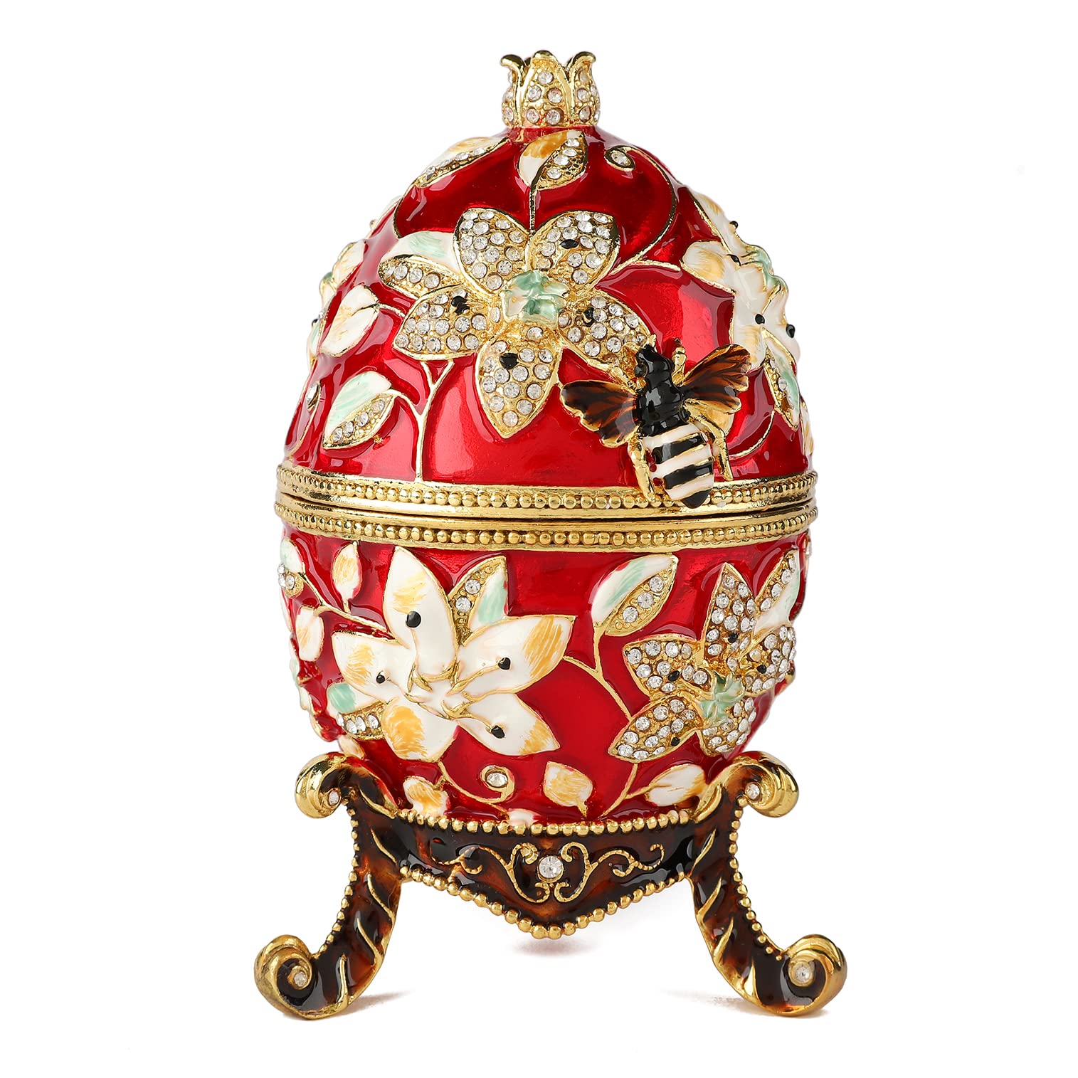 QIFU Red 5.7” Easter Egg Replics Hand Painted Enameled Jewerly Trinket Box Hinged Unique Gift for Home Decor