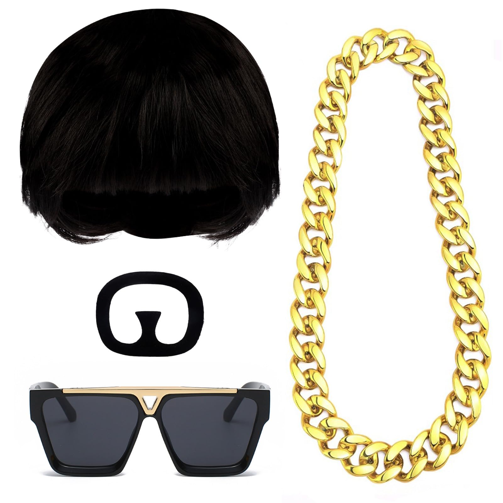 Bryndo Final Boss Costume Set for Adult, Bowl Cut Wig with Goatee Mustache Sunglasses Gold Chain Funny Fancy Dress 90s Meme Ibiza Cosplay Outfit for Halloween Festivals Party Supplies