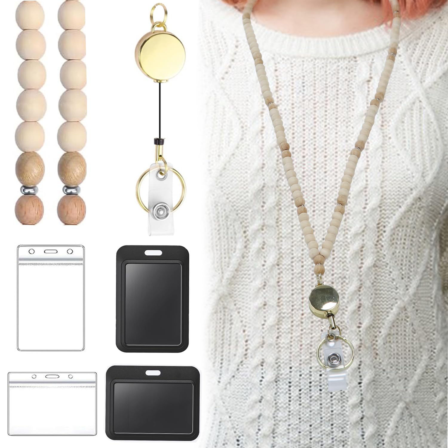 LPEIEB Teacher Lanyard Keychain with Badge Card Holder Retractable Wooden Beaded Lanyard for Women