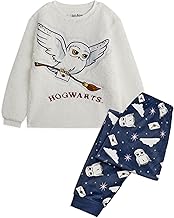Harry Potter Kids Pyjama Set | Hogwarts Hedwig Long Sleeve Sherpa Fleece Top and Full Printed Loungewear Pants | Complete Matching Sleepwear Package | Movie Magic Merchandise