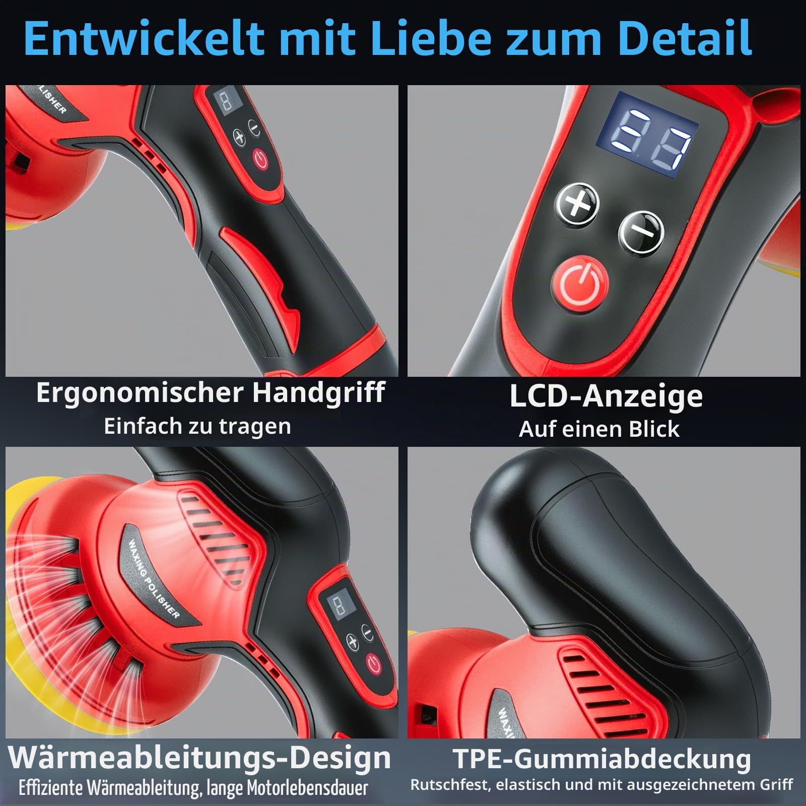 Akku Exzenter-Poliermaschine Auto [2x21V2.0Ah Akku] - 8-stufige Geschwindigkeitskontrolle (2500-6300 U/min) - Kabellose Poliermaschine inkl. 17-tlg. Zubehörset für Politur, Wachsen & Kratzerentfernung