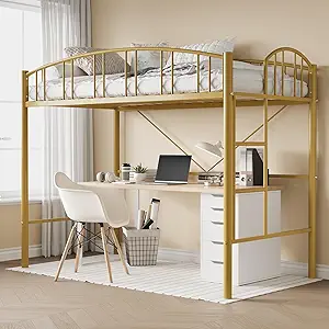 Garvee Loft Bed Twin Size with Ladde and Arched Guardrail, Heavy Duty Metal Loft Bed Frame for Kids and Adults, Sturdy Steel Slats Support, Small Space Saving Design, No Box Spring Needed, Gold