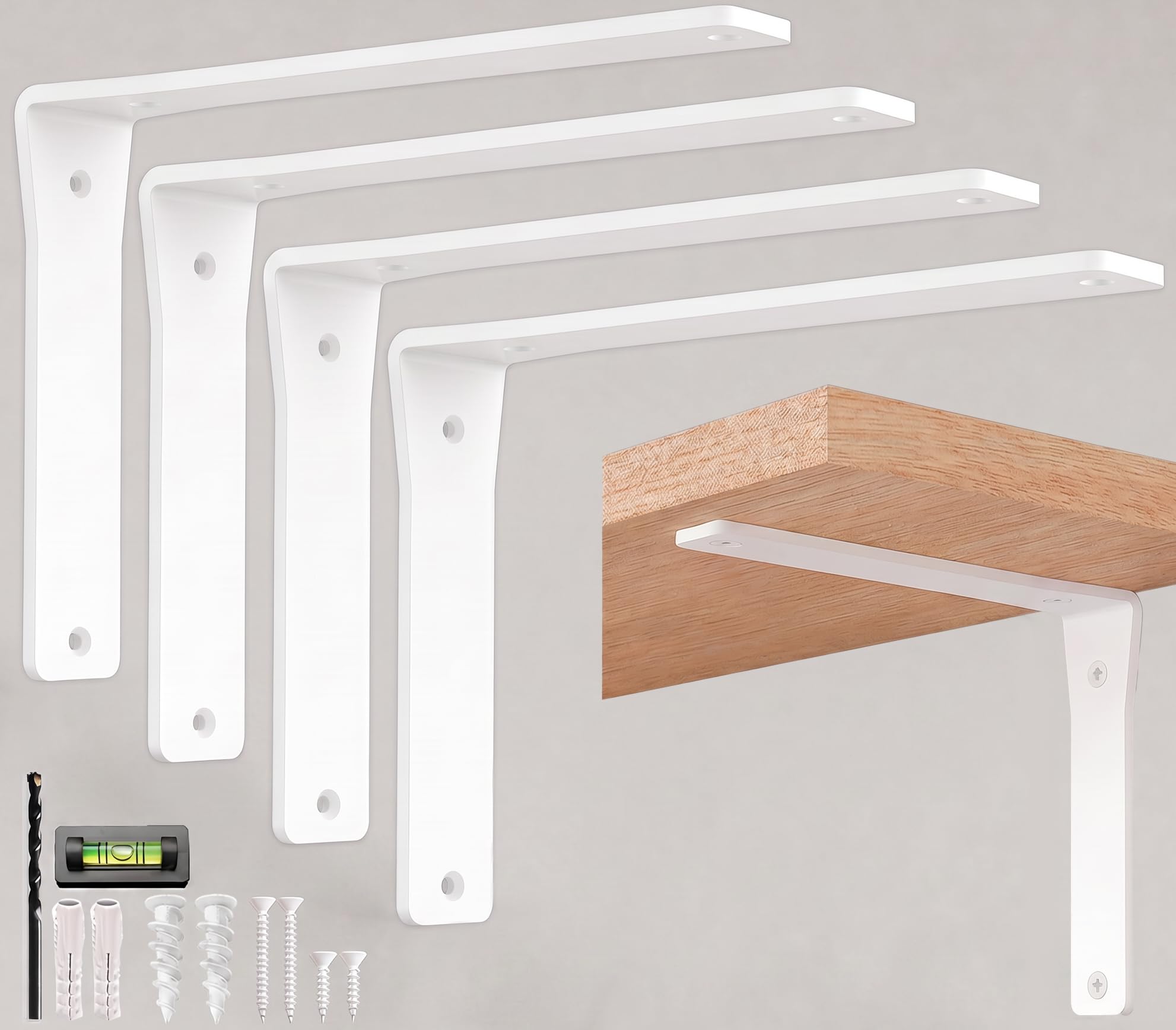 4 Pack Heavy Duty Shelf Brackets 8 Inch by Balin Designs – White Decorative L Bracket for Shelves, Metal Shelf Support Bracket, Wall Mounted Countertop Iron Corbels, Floating Shelving Brackets