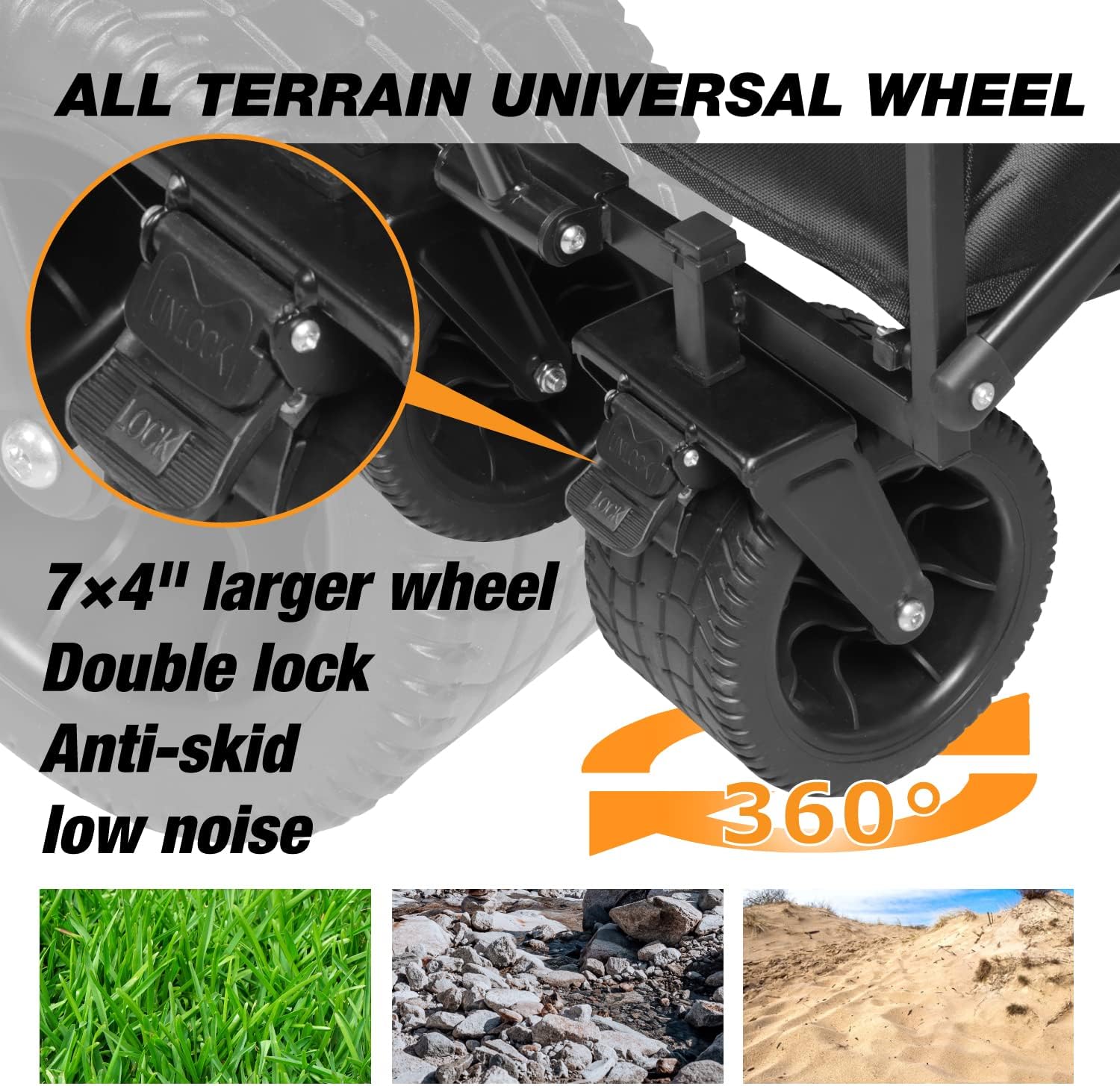 Folding Wagon Carts With Adjustable Handle/collapsible Beach Wagon with Big Wheels for Sand, 220lbs Capacity, Black,TRP1008