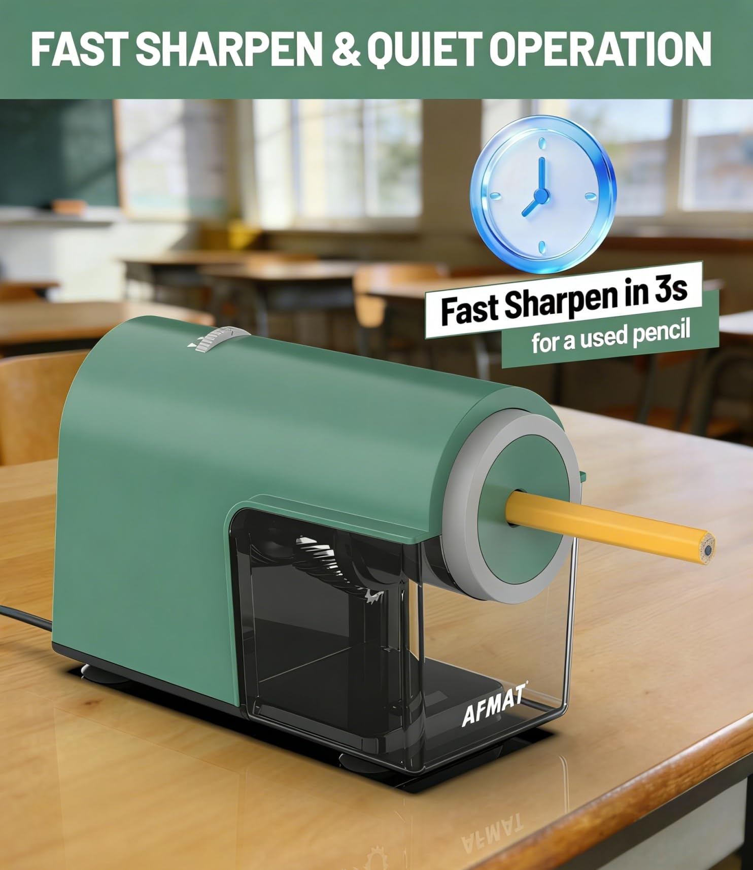 AFMAT Taille-Crayon Électrique Entièrement Automatique Rechargeable avec Réservoir - Plus de 10 000 Utilisations - Taille-Crayon Rapide Haute Performance pour N° 2/Jumbo/Crayons (φ6,5-10,5mm) - Vert