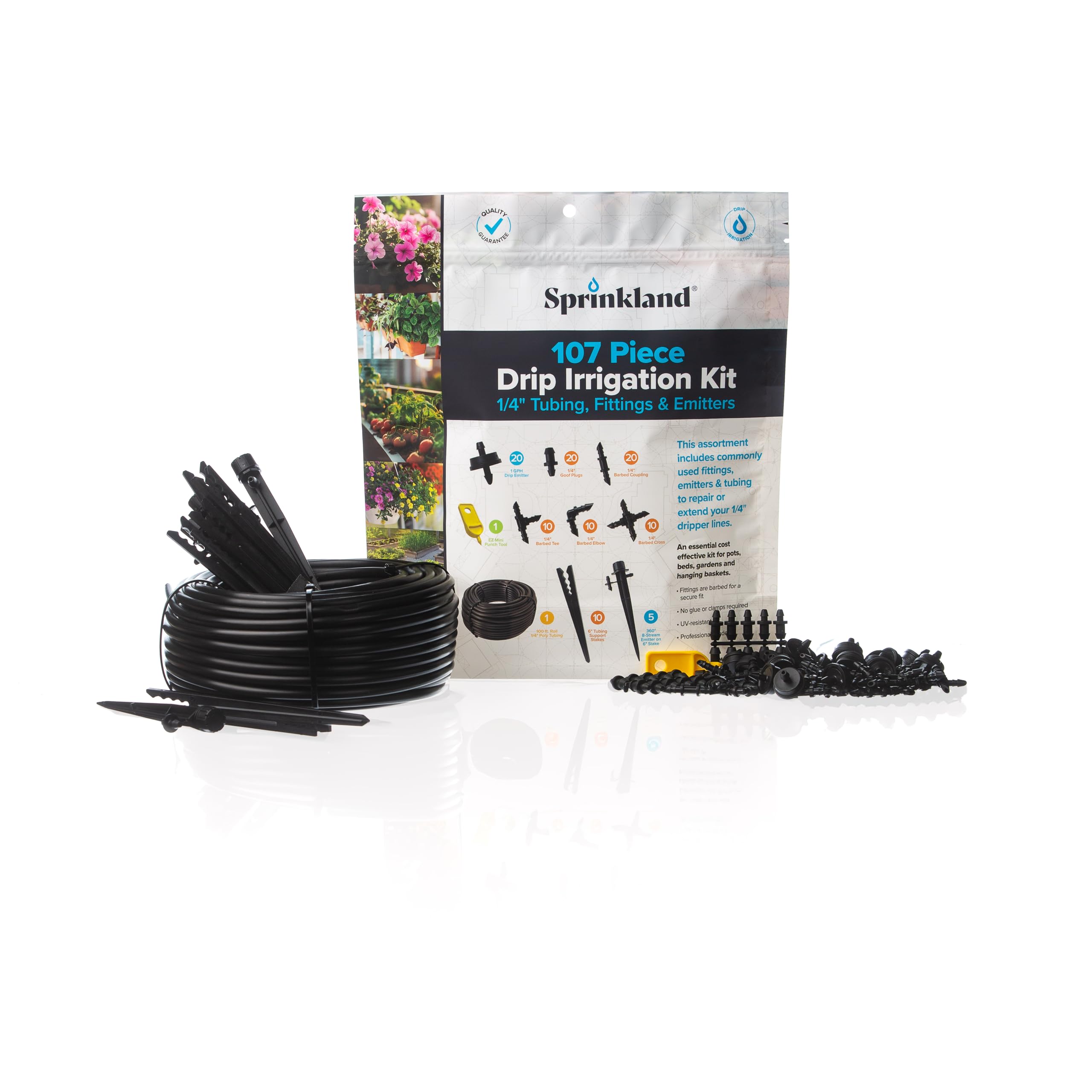 Kit di irrigazione a goccia | Prodotto negli Stati Uniti | Assortimento da 107 pezzi | Raccordi, emettitori e tubi da 1/4" | Kit di riparazione ed estensione