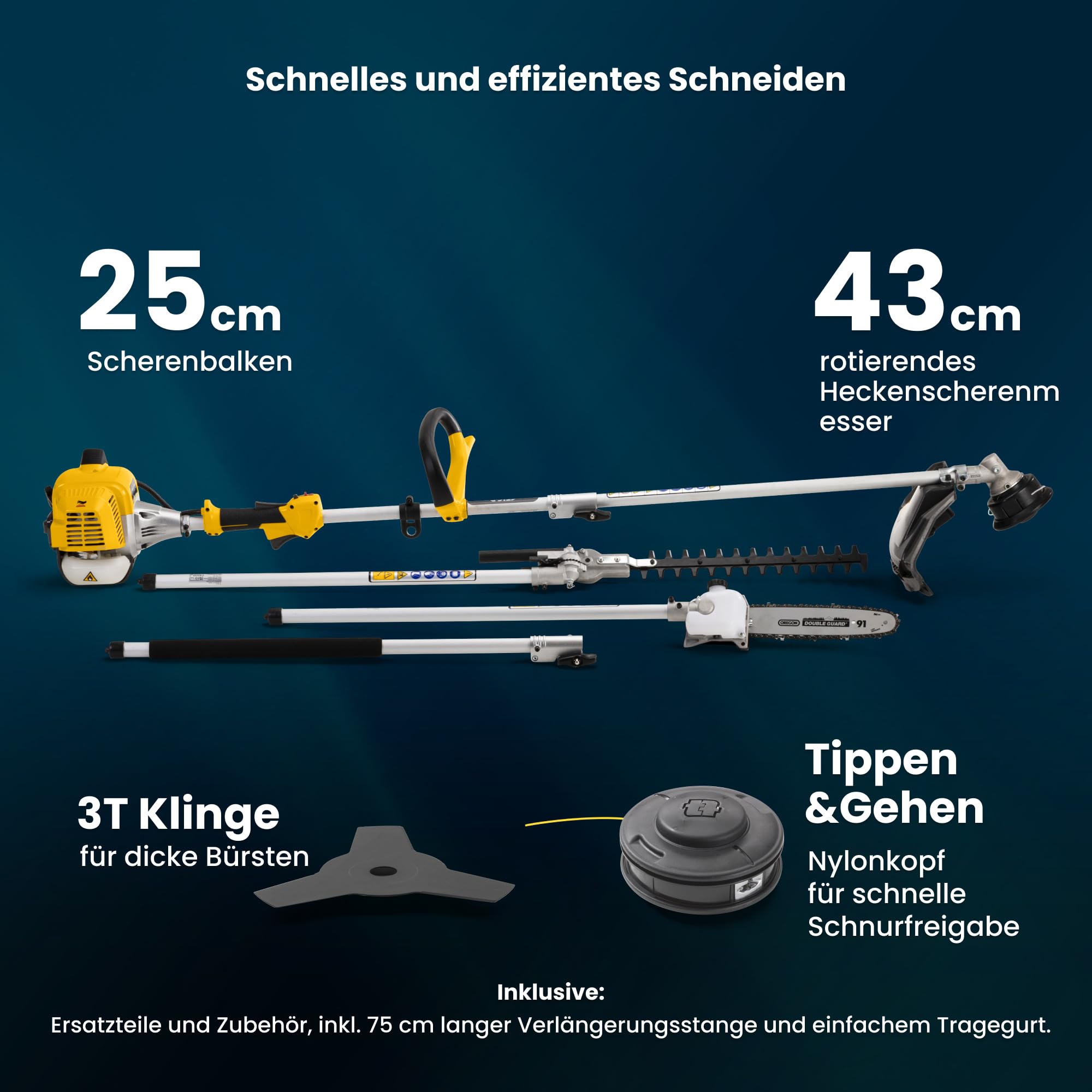 Stiga Benzin Multitool MT 330-5 in 1 (700W), Trimmer, Heckenschere, Kettensäge, Teleskopstange