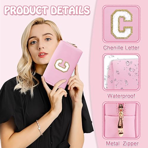 Miniatura 3 de Biileen Bolsa de maquillaje preppy inicial personalizada Pequeña bolsa de carta de chenilla de viaje linda, Rosado
