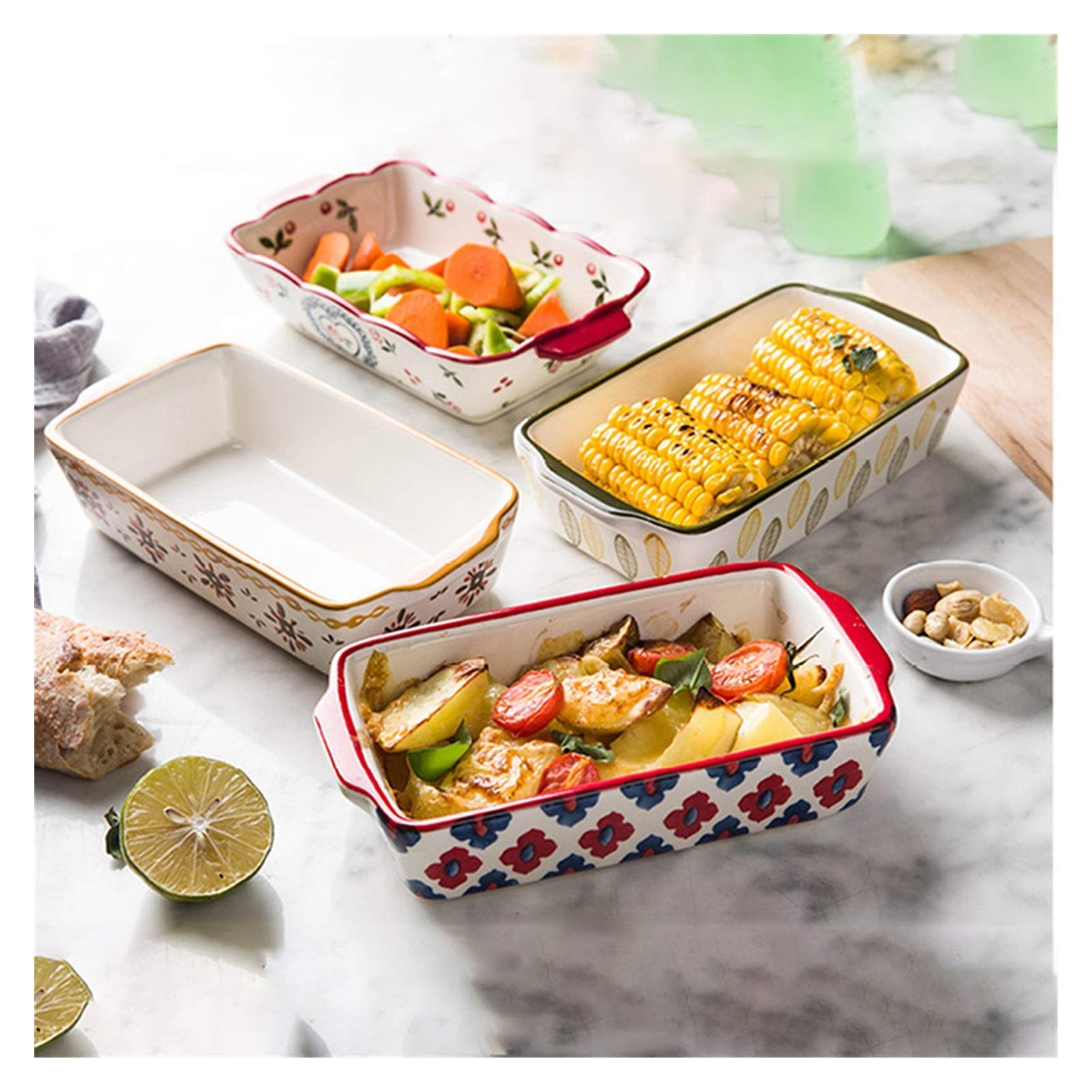 YXSH Fuente de Horno Rectangular de Cerámica - Grande - para Gratinados, Lasaña, Repostería - Profunda-Red Rose Oval