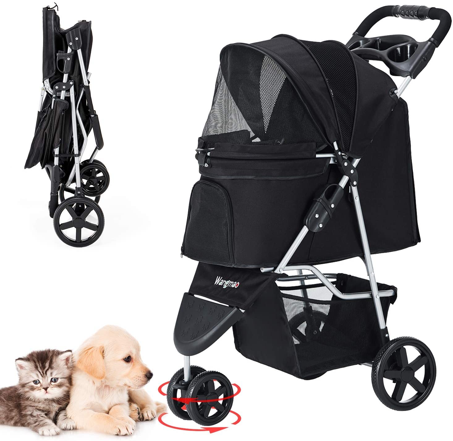 Carrito para Perros, Cochecito Plegable Mascotas Cochecito de Mascotas de 3 Ruedas para Gatos/Perros, Cochecito para Perros Adecuado para Perros Pequeños de Hasta 15 Kg (Negro)