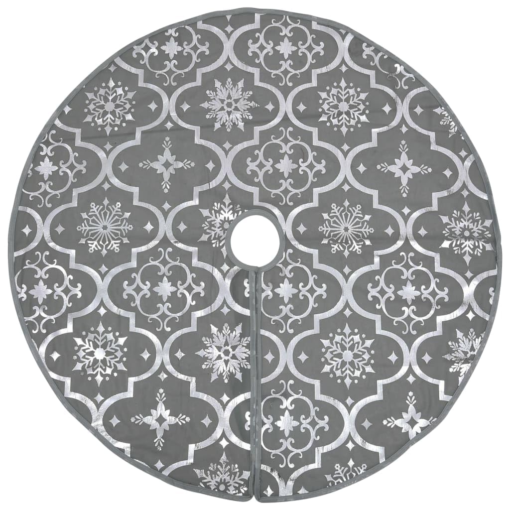 Couverture de sapin de Noël de luxe grise 90 cm en tissu avec motif neige et chaussette, couverture de sapin ronde pour salon, tapis de sapin et protection de sol, jupe d'arbre pour