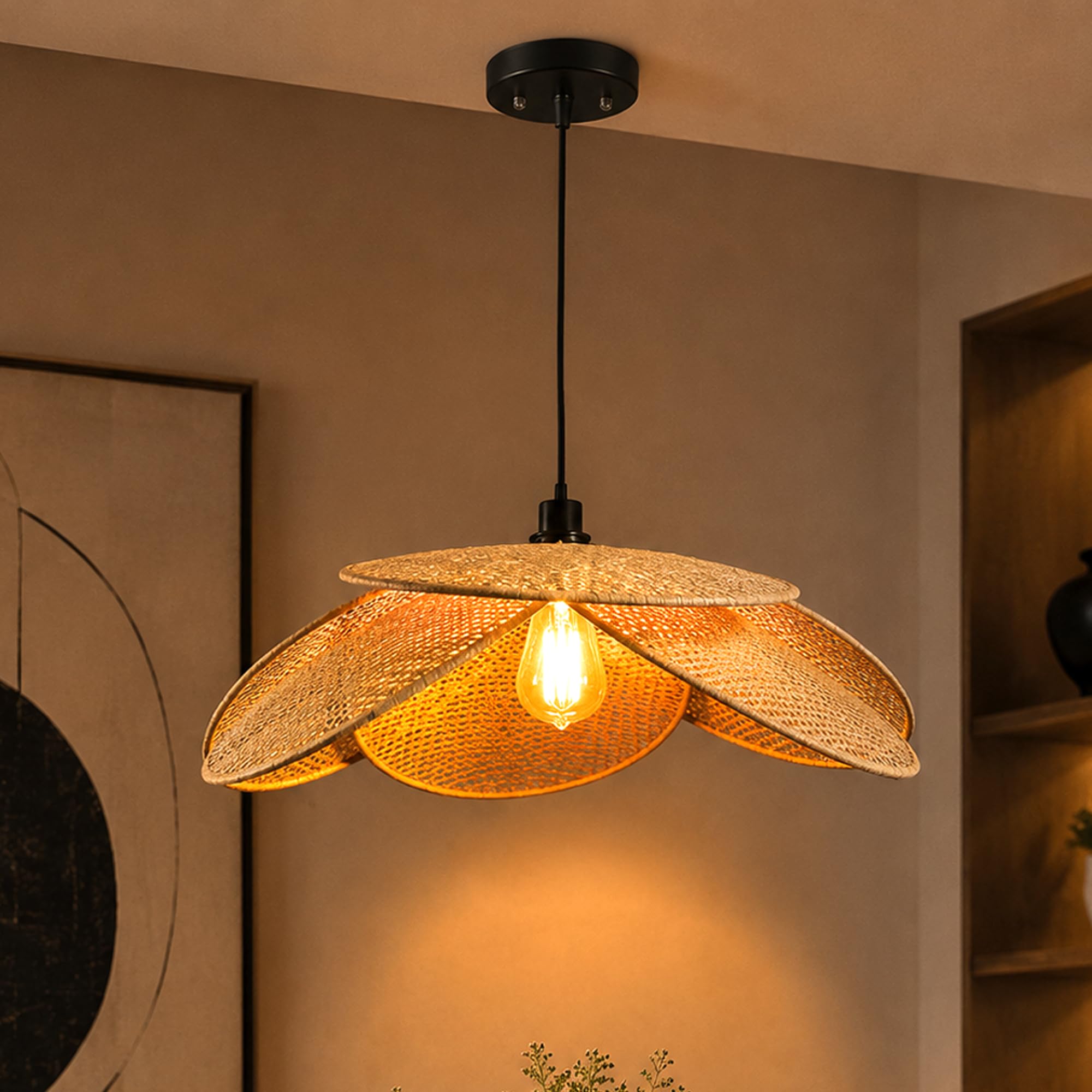 Habere India-All the Cultures Fabricating India Bamboo Ceiling Lamps | Rattan Hanging Light | Cane Lamp Shade | Pendant for Home Decor (Design 01: Dia57 x H17 cm)-image-30