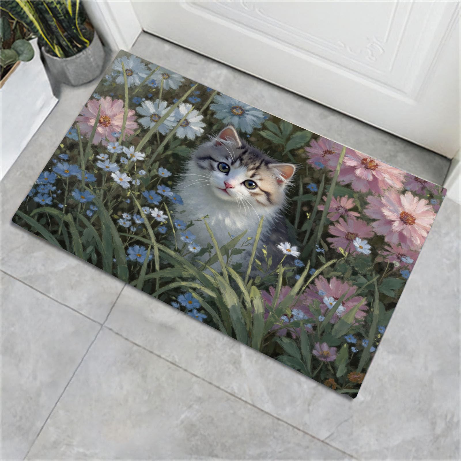 Paillasson 45x75cm chats et fleurs vert foncé pour entrée et cuisine