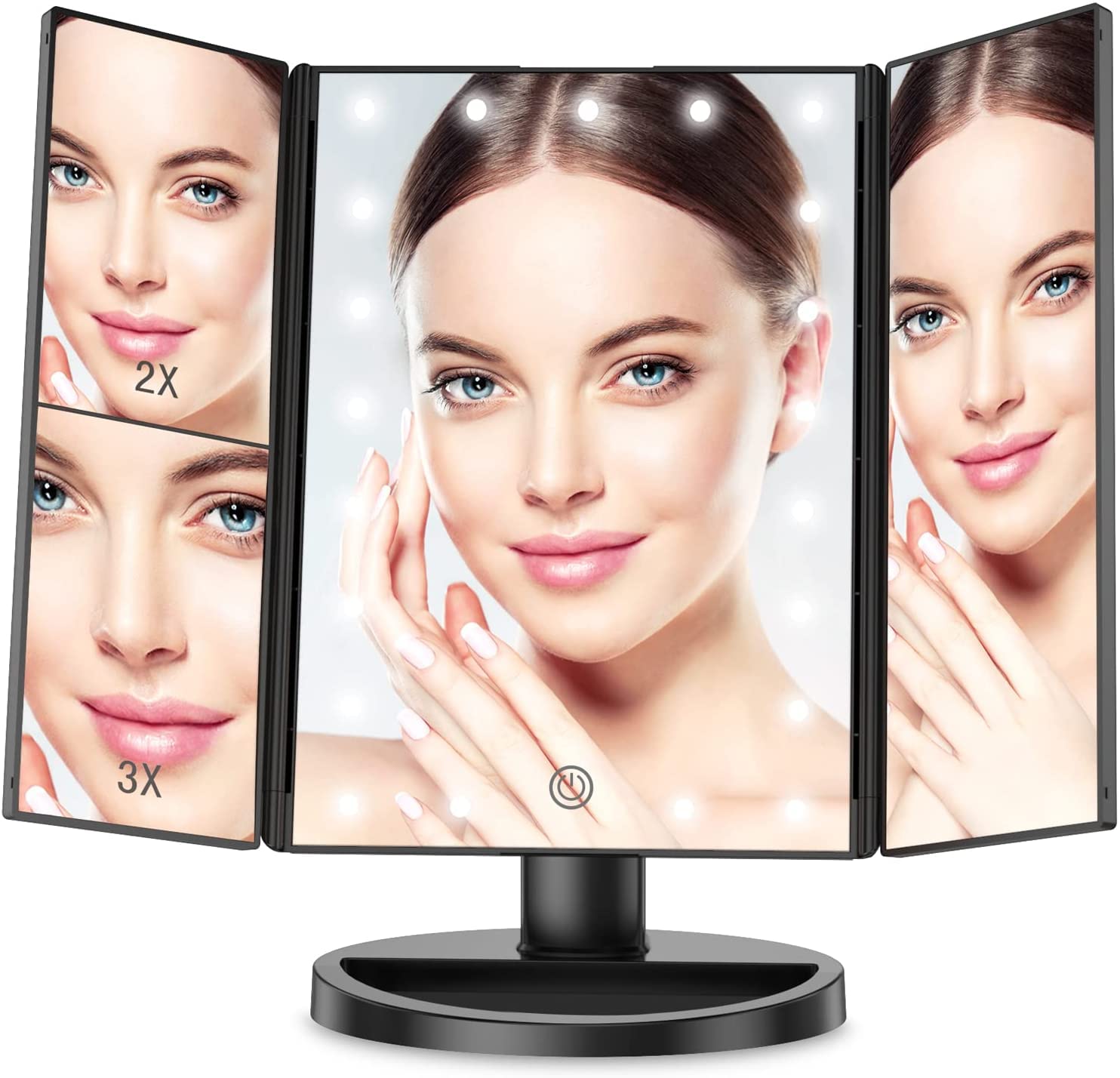 NC Makeup Mirror Vanity Mirror with Lights,Trifold LED Lighted Makeup Mirror,3X/2X/1X Magnification Vanity Mirror with 22 LED Lights,Touch Control,Dual Power Supply,180 Degree Rotation,(Black)