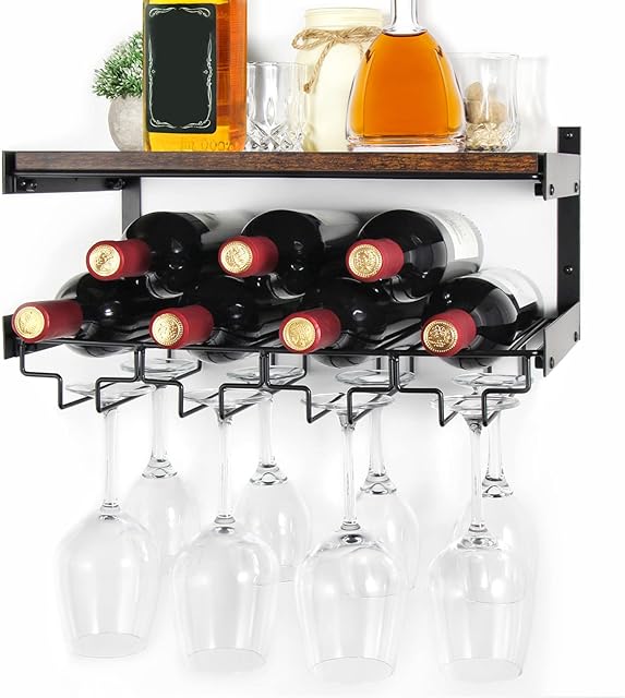 B4Life Wine Rack Wall Mounted with Stemware Rack, Wine Glass Rack Wall Mounted,Holds 8 x Glasses and 7 x Wine Bottles, Industrial Wine Glass Rack Wall Wine Rack with Wine Glass Holder
