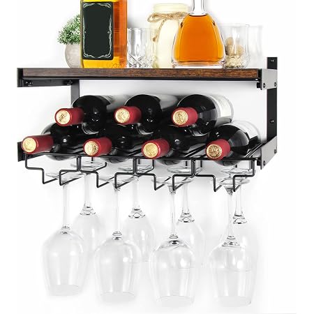 KIAYACI Wall-Mounted Wood Wine Rack – Holds 7 Bottles & 5 Glasses, Brown, 24x7.4x6 Inches, Floating Shelf For Kitchen, Dining, Bar