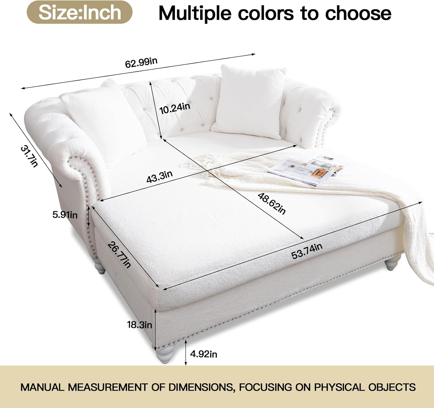 63" Chesterfield Double Chaise Sofa, Velvet Chaise Lounge Chair Indoor with 2 Pillows andRolled Arm Oversized Loveseat Sofa (White)