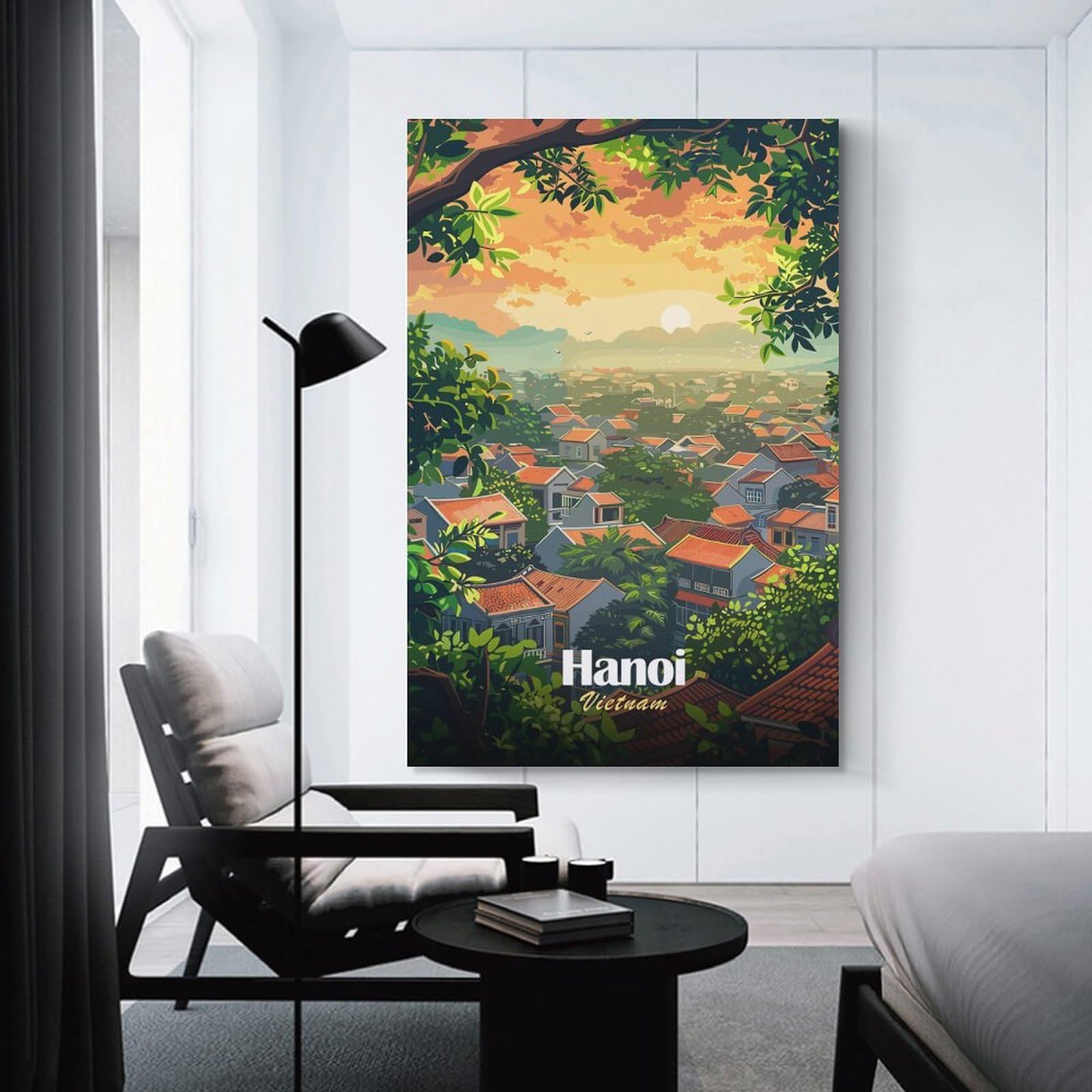 Junmoney Hanoi, Vietnam Cityscape Illustration Decorative Wall Artwork, 16x24inch(40x60cm), for Home Lounge, Bedroom Or Reading Nook, Eye Catching Artwork for Blank Walls