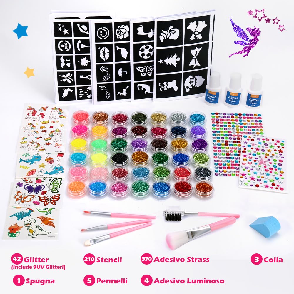 Bledras Set Tatuaggi Glitter Bambini, 42 Colori Temporary Glitter Tattoo, 210 Stencil, 5 Pennelli, 3 Colla, Tatuaggio Impermeabile Kit, Regali per Ragazzi e Ragazze per Carnevale, Compleanno