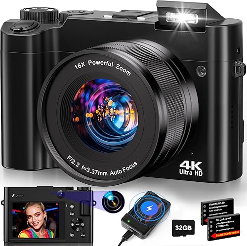 Cámara digital 4K para fotografía - Cámara de videoblogs de 64 megapíxeles con enfoque automático para YouTube con lente dual - Zoom digital 16X