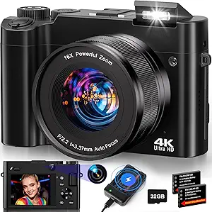 4K Digital Camera for Photography - 64MP Autofocus Vlogging Camera for YouTube with Dual-Lens - 16X Digital Zoom Anti Shake 3'' Selfie Compact Travel Camera with Flash, 2 Batteries, Charging Stand