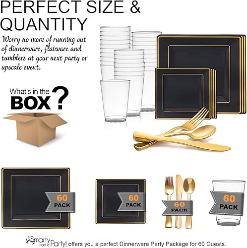 Miniatura 5 de Juego de vajilla de plástico desechable para 60 invitados  Platos llanos cuadrados negros con borde dorado, platos de postre, juego de cubiertos y