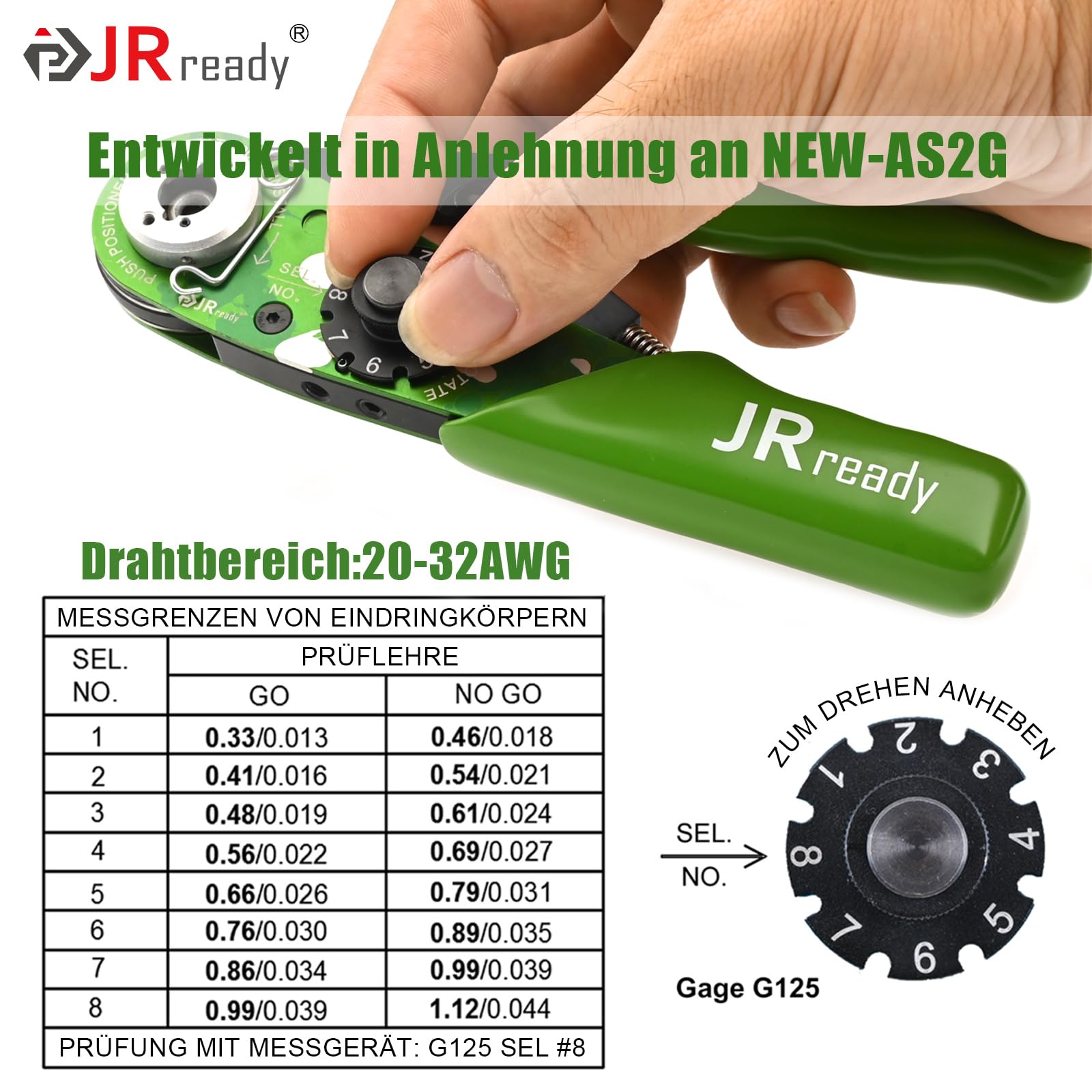 JRready ST2181 NEW-AS2G M22520/2-01 Eindrück-Crimper-Kit mit 8 Positionierern und G125 Messgerät für Massivkontakte von Miniatursteckern in elektronischen Systemen 20-32AWG