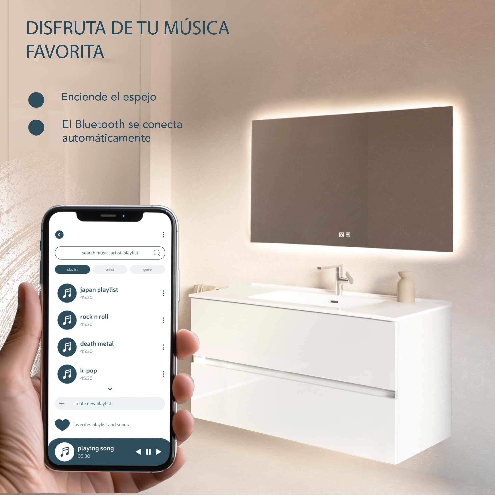 Espejo Bluetooth de Baño Rectangular 120 x 70 cm con Luz LED Regulable, Antivaho, Interruptor Táctil, Altavoces Integrados, Apagado Automático y Fácil Instalación