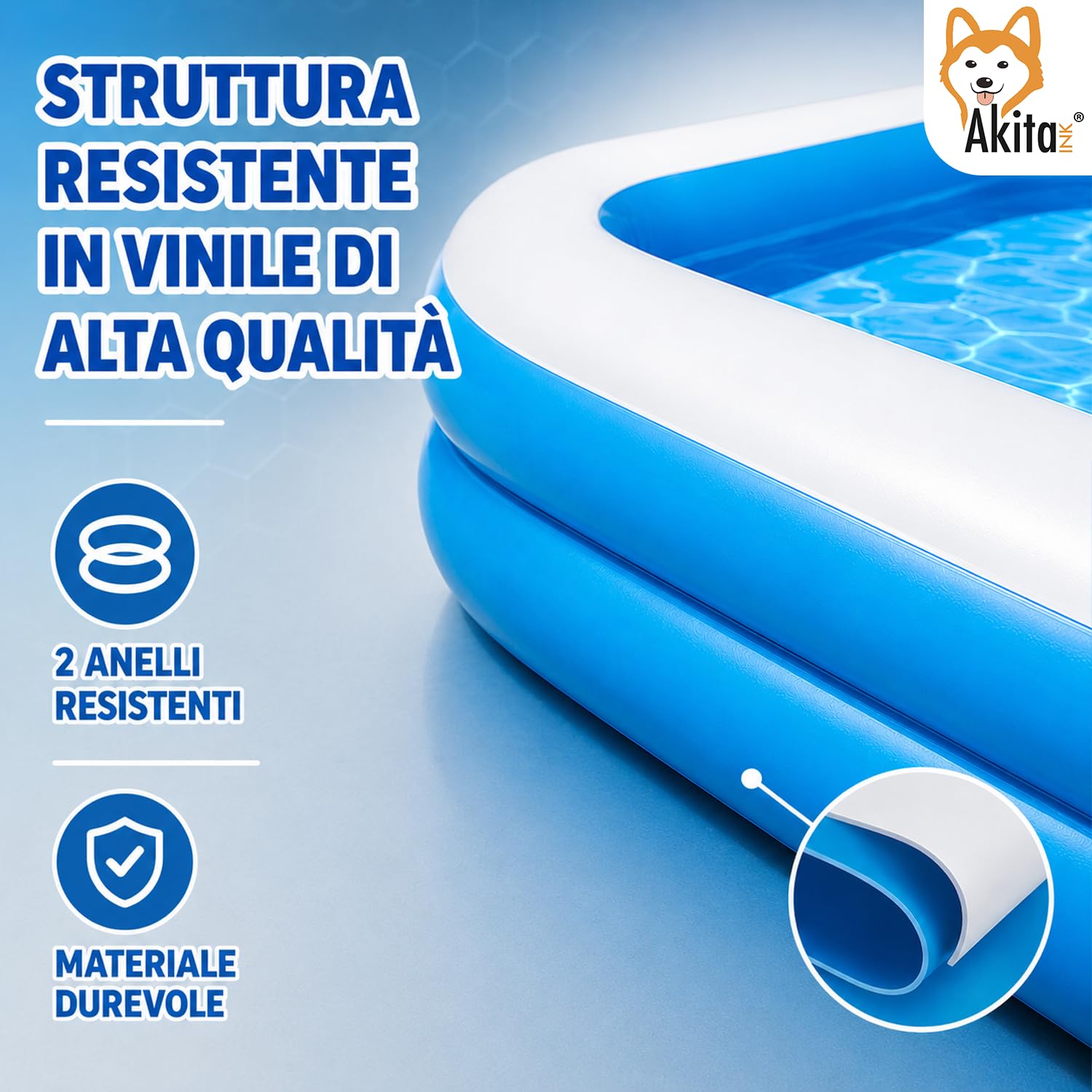 Akitaink Piscina Gonfiabile Rettangolare 266x175x50 cm con Cuscini Integrati, in Vinile Resistente per Bambini dai 3 Anni, Colore Azzurro e Bianco