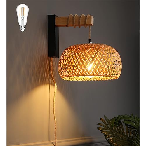 Plug in Wall Sconces,Wall Lamp with Plug in Cord and Dimmable Switch,Rattan Wall Sconces With Wood Arm and Hemp Rope Cord,Wall Lights for Bedroom Living Room,Wall Mounted Lamp Litht,No Wiring Required