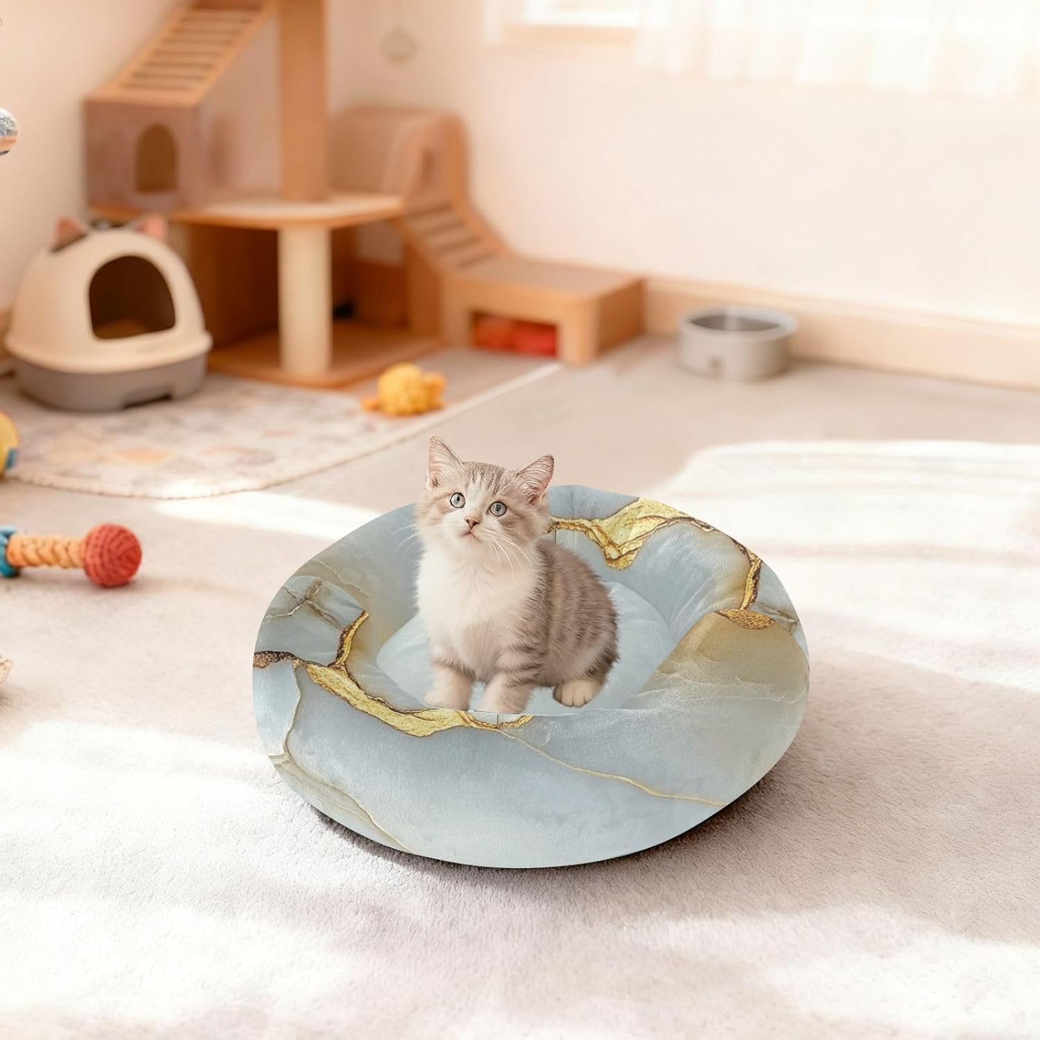 Marble White Golden Pet Cat Bed Anti-Slip Dog Pillow Bed for Medium Size Pets Sleeping S