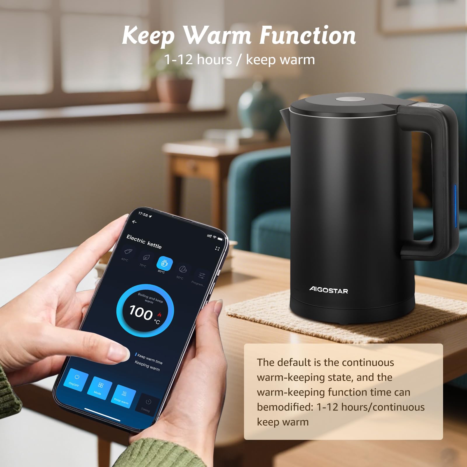 Aigostar Benjamin - Inteligente Hervidor de Agua Temperatura Regulable de 40°C a 100°C, Conexión Wi-Fi, Alexa y Google Home. Doble Pared de Acero Inoxidable, 2200W, 1,7L, Mantener Caliente 24 hora