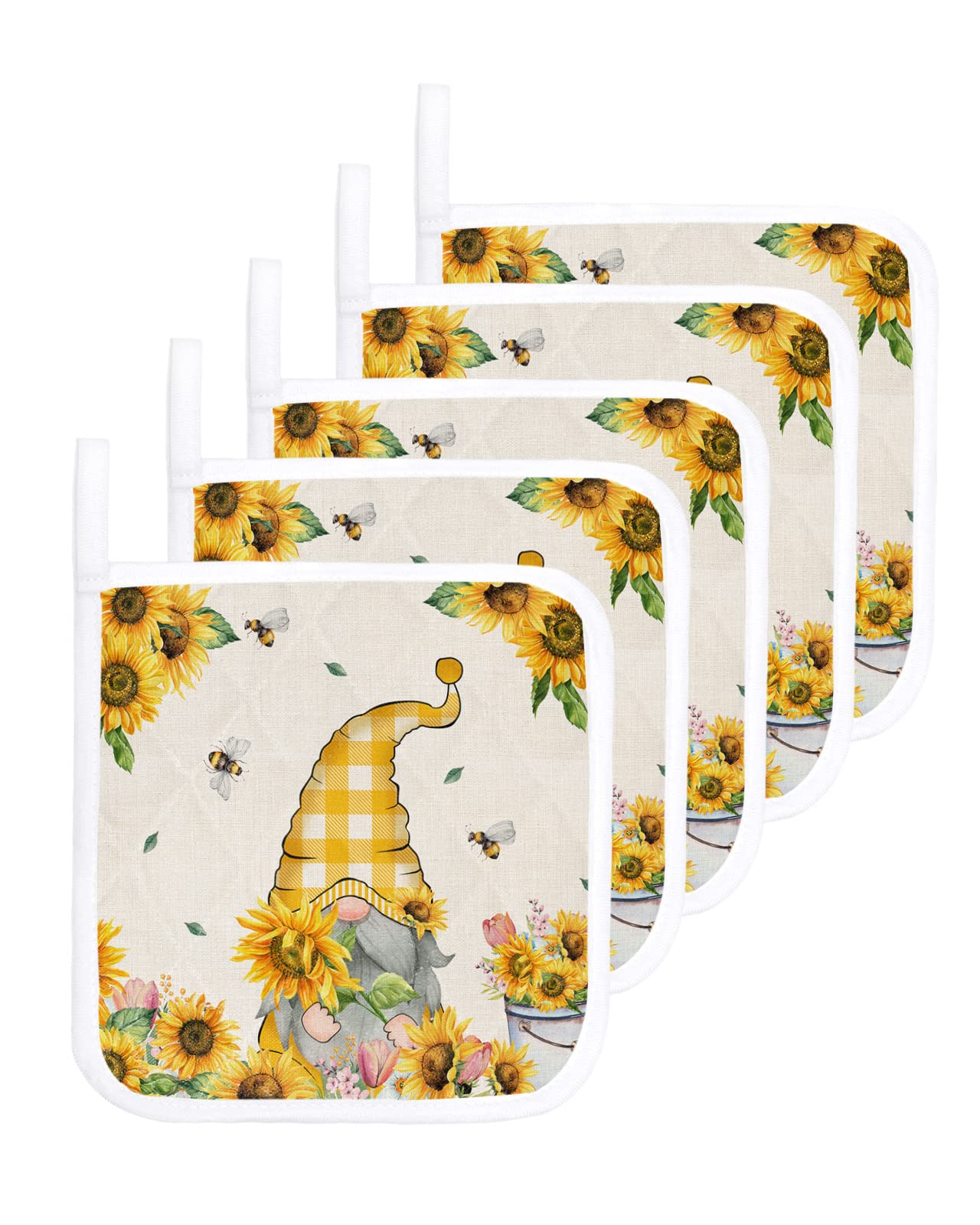 Sunflower Gnomes Pot Holders for Kitchen, Spring Farm Bee Blooming Floral Pot Holder with Loop Trivet Heat Insulation Oven Mitts Hot Pads, Washable Potholders for Cooking Backing 5 Pack