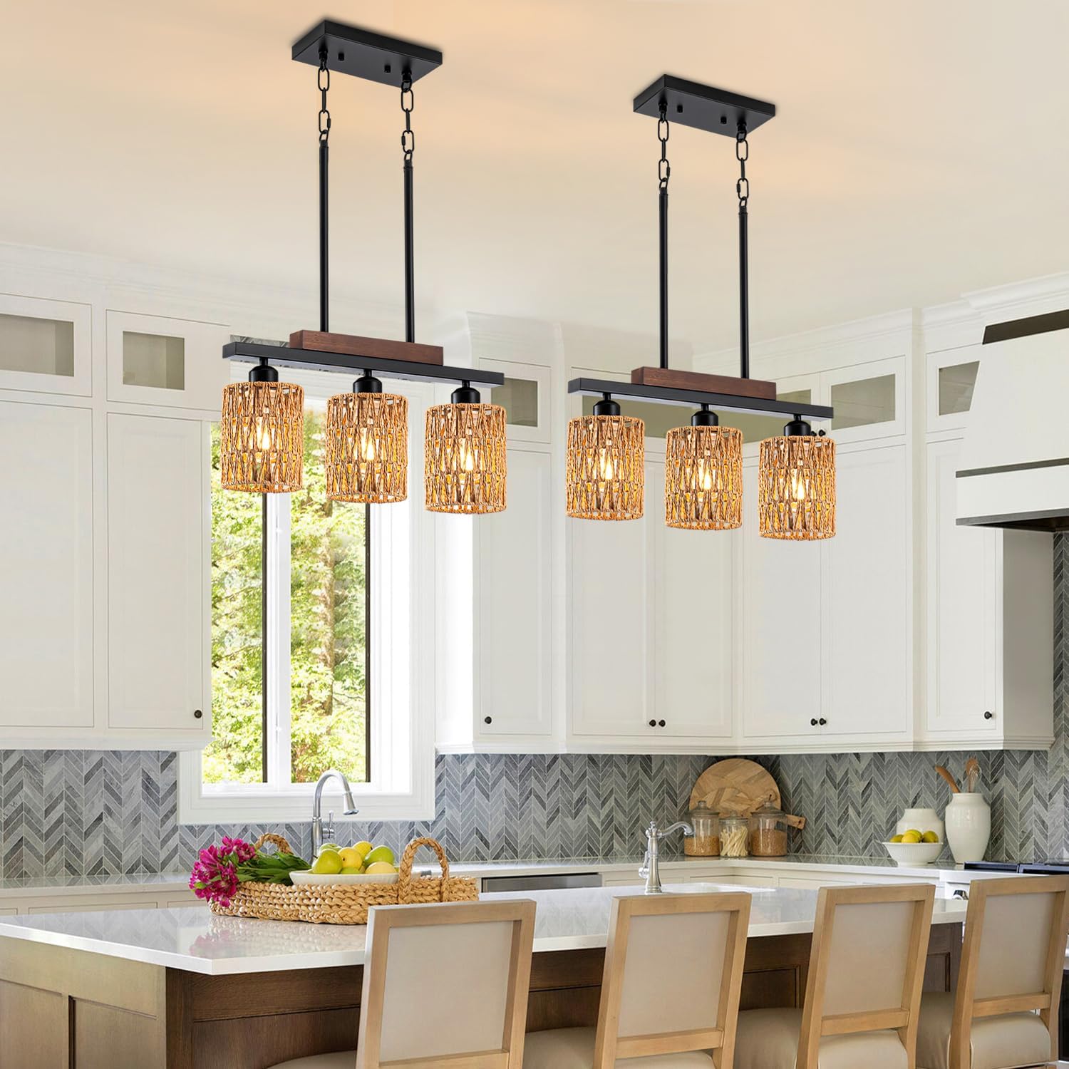 Rattan Farmhouse Kitchen Island Lighting, 3 Lights Boho Dining Room Light Fixtures Over Table, Height Adjustable Rustic Linear Chandelier Wood and Matte Black Hanging Lights for Kitchen Island