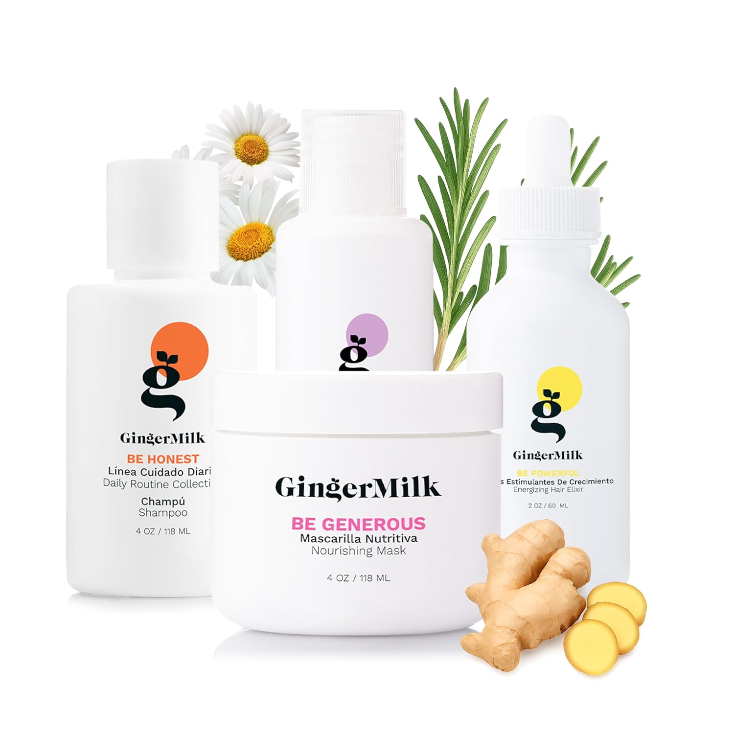 GINGER MILK Hair Growth Travel Kit | Stimulates, Hydrates & Nourishes with Ginger, Rosemary & Biotin | Includes Shampoo, Hair Mask, Heat & Sun Protector, Dropper Serum & Free Travel Bag