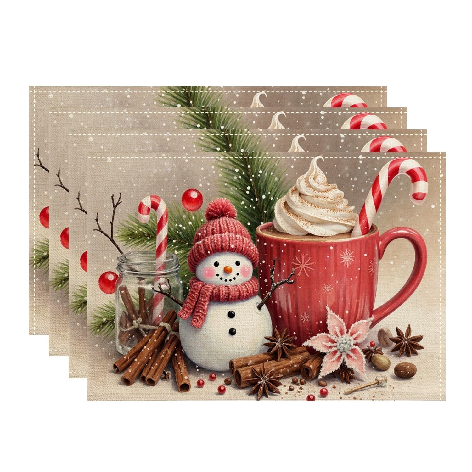 Christmas Snow Man Placemats, Festive Winter Holiday Decorative Place Mats for Dining Table, Non-Slip Washable Indoor Outdoor Kitchen Party Placemat Set of 4