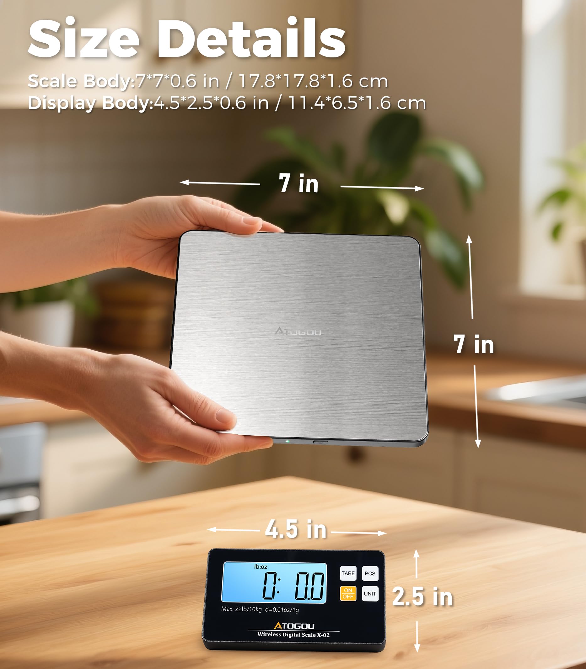 Atogou Báscula de cocina inalámbrica, 22 lb/10 kg con pantalla desmontable y plataforma más grande, 0.01oz/1g, 9 unidades, función de conteo, acero inoxidable, para cocinar, hornear, envío, plateado