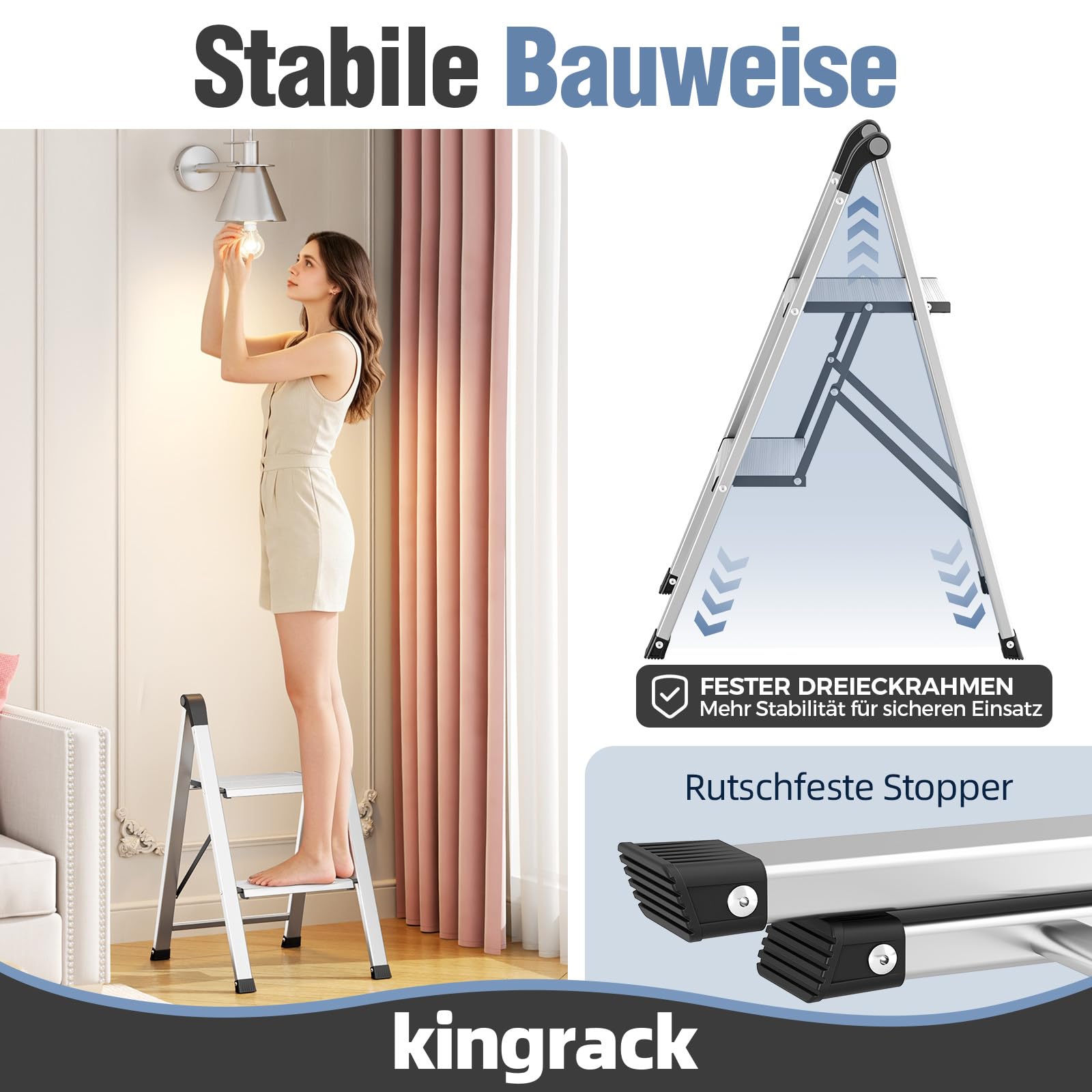 KINGRACK Trittleiter 2 Stufen Klappbar, Tritthocker aus Aluminium & Stahl | Klapptritt mit Breite rutschfeste Pedale, Sicherheitsverriegelung, bis 150kg, für Haushalt, Küche, Garage, Wohnmobil, Silber