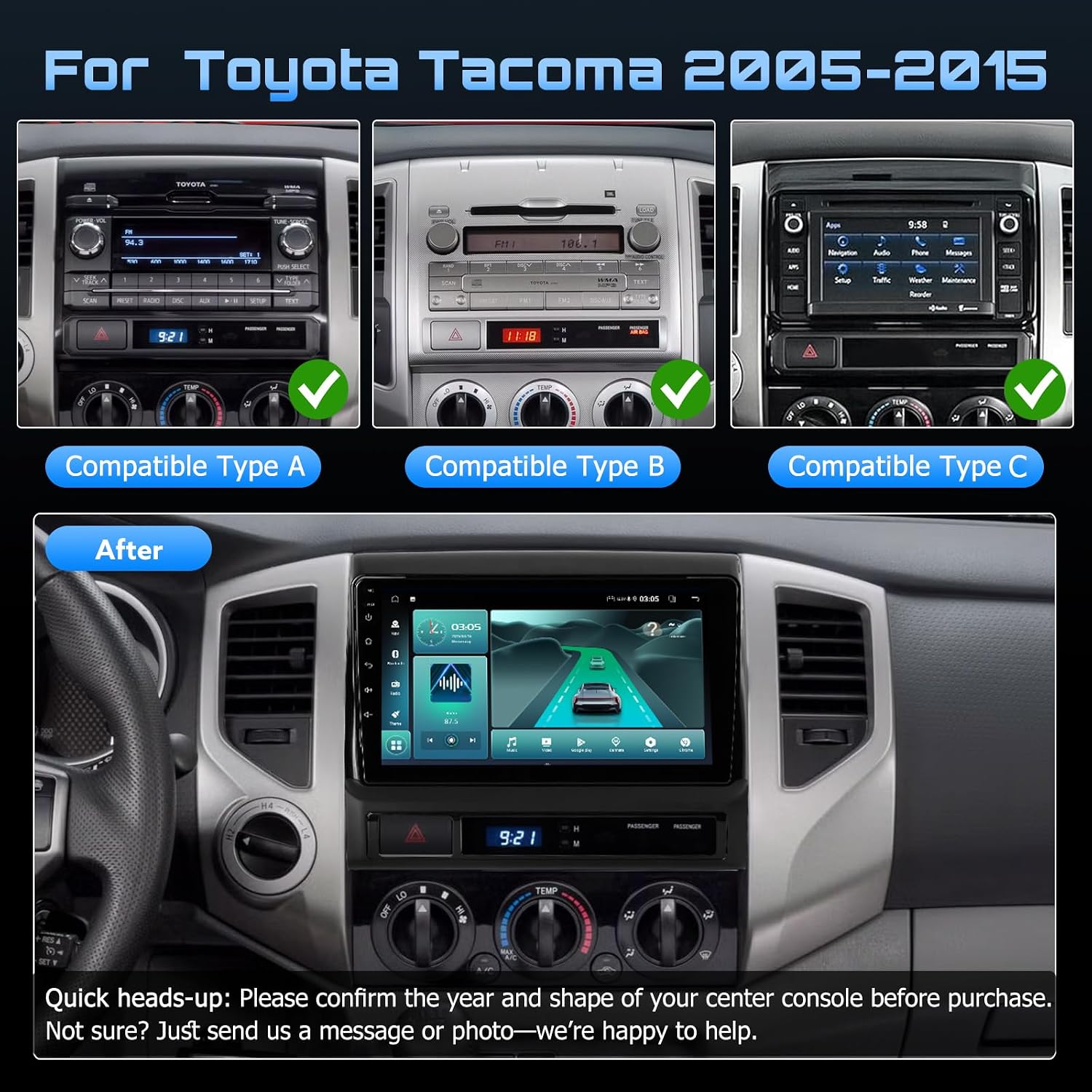 Upgraded 9'' Car Stereo/Radio for Toyota Tacoma 2005-2015, CarPlay/Android Auto/Android 13/2G+64G/GPS Navigation/Backup Camera,Built in Cooling Fan