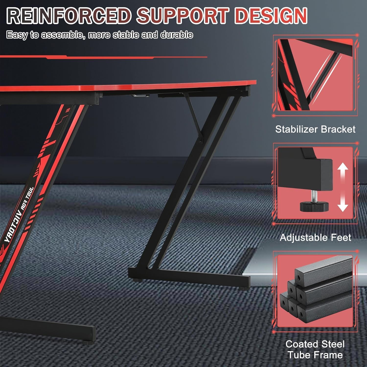 Gaming Desk 39.4 Inch, Ergonomic Z Shaped Computer Game Table with Headphone Hook & Cable Management,PC Table Gamer Premium Workstation for Home Office, Red