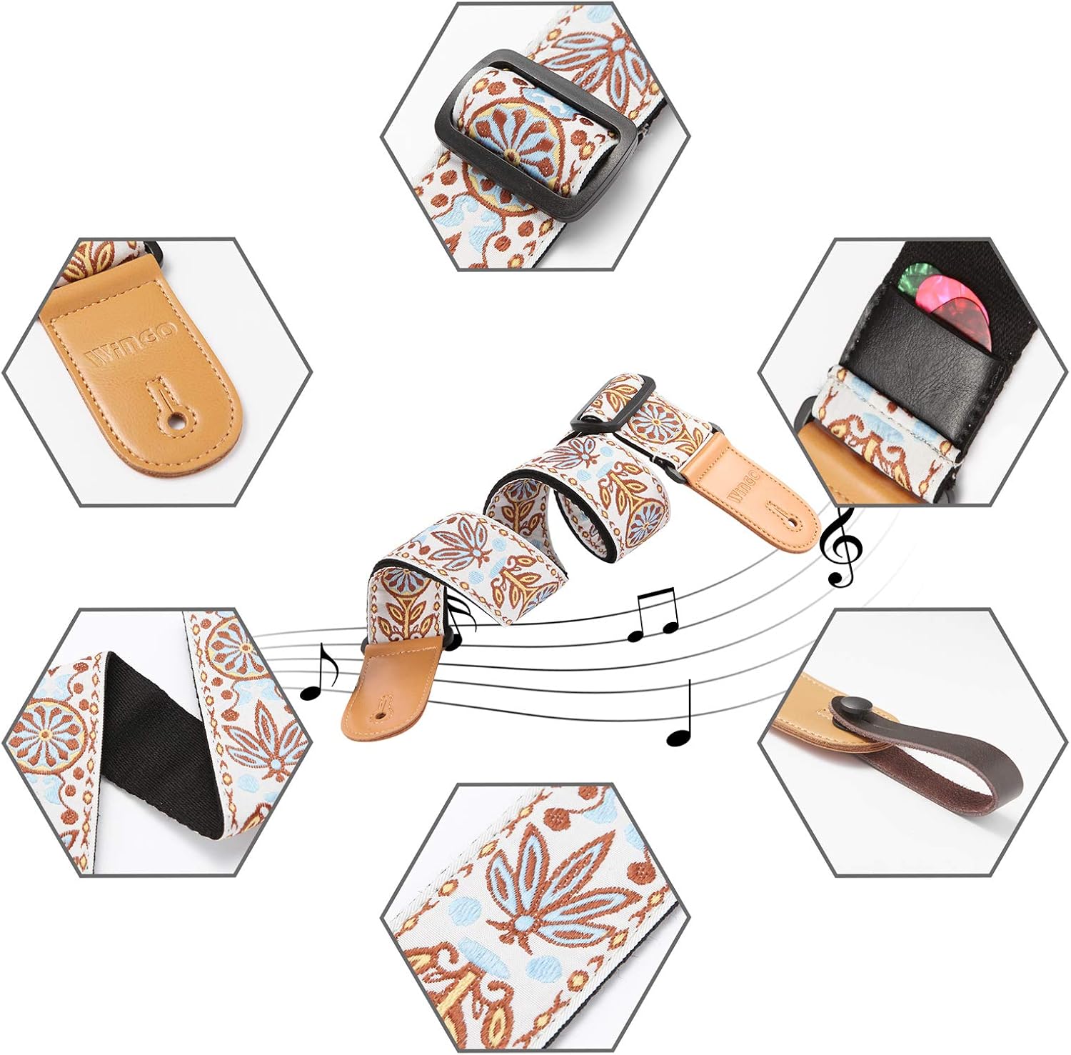 WINGO Guitar Strap Soft Adjustable Vintage Style Guitar Shoulder Strap With Guitar Strap Locks Guitar Button and Guitar Picks for Bass Acoustic Classical and Electric Guitars.