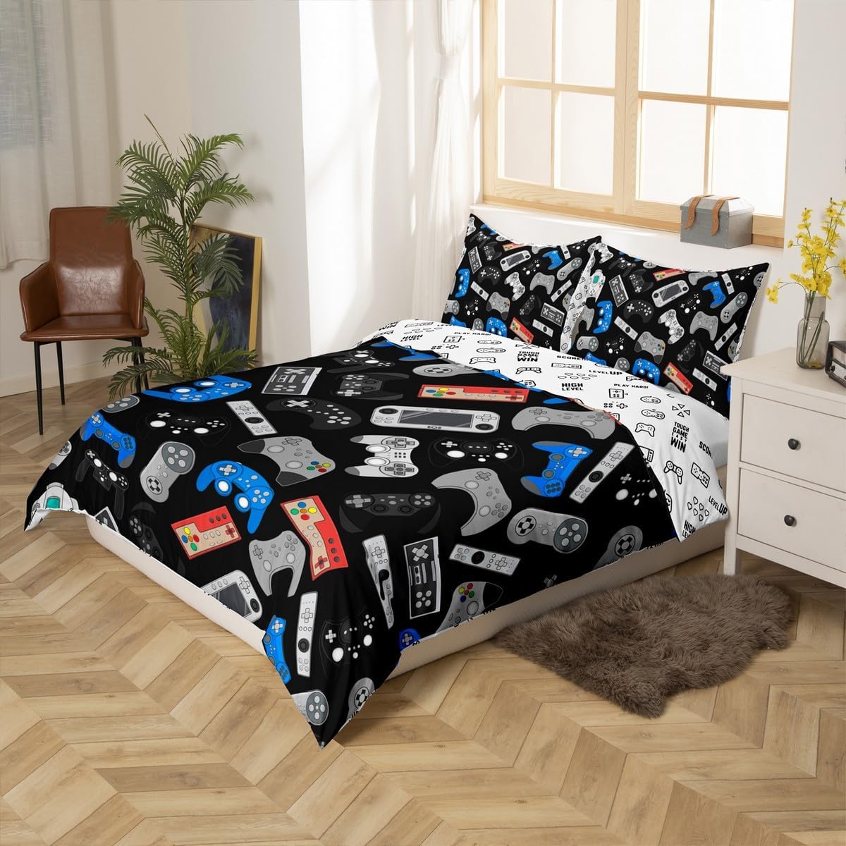 Erosebridal Teens Gamepad Duvet Cover Modern Gamer Comforter Cover King Size for Kids Boys Children Video Game Bedding Set Player Gaming Joystick Bed Set Gaming Room Decor (NO Filling)