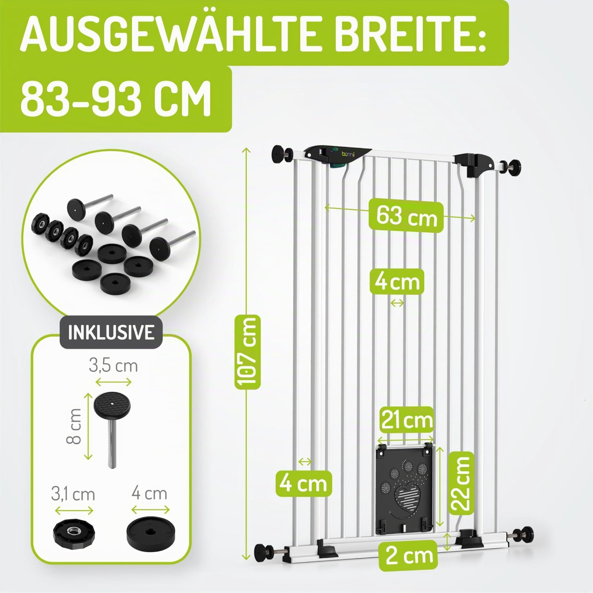 BOMI Tierschutzgitter Mira | Türschutzgitter mit Katzenklappe | Ideales Absperrgitter Hund, Katzengitter Tür & Welpen Zubehör | Hundegitter Wohnung weiß Metall | Breite: 83-93 cm