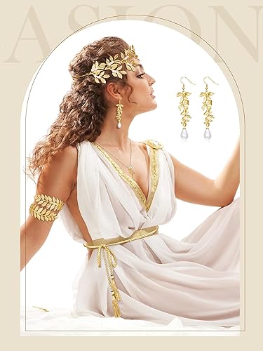 Vista 3 de Xinnun 9 piezas de accesorios de disfraz de diosa griega Toga cinturón hojas corona pulsera tocado pendientes collar para mujer nupcial
