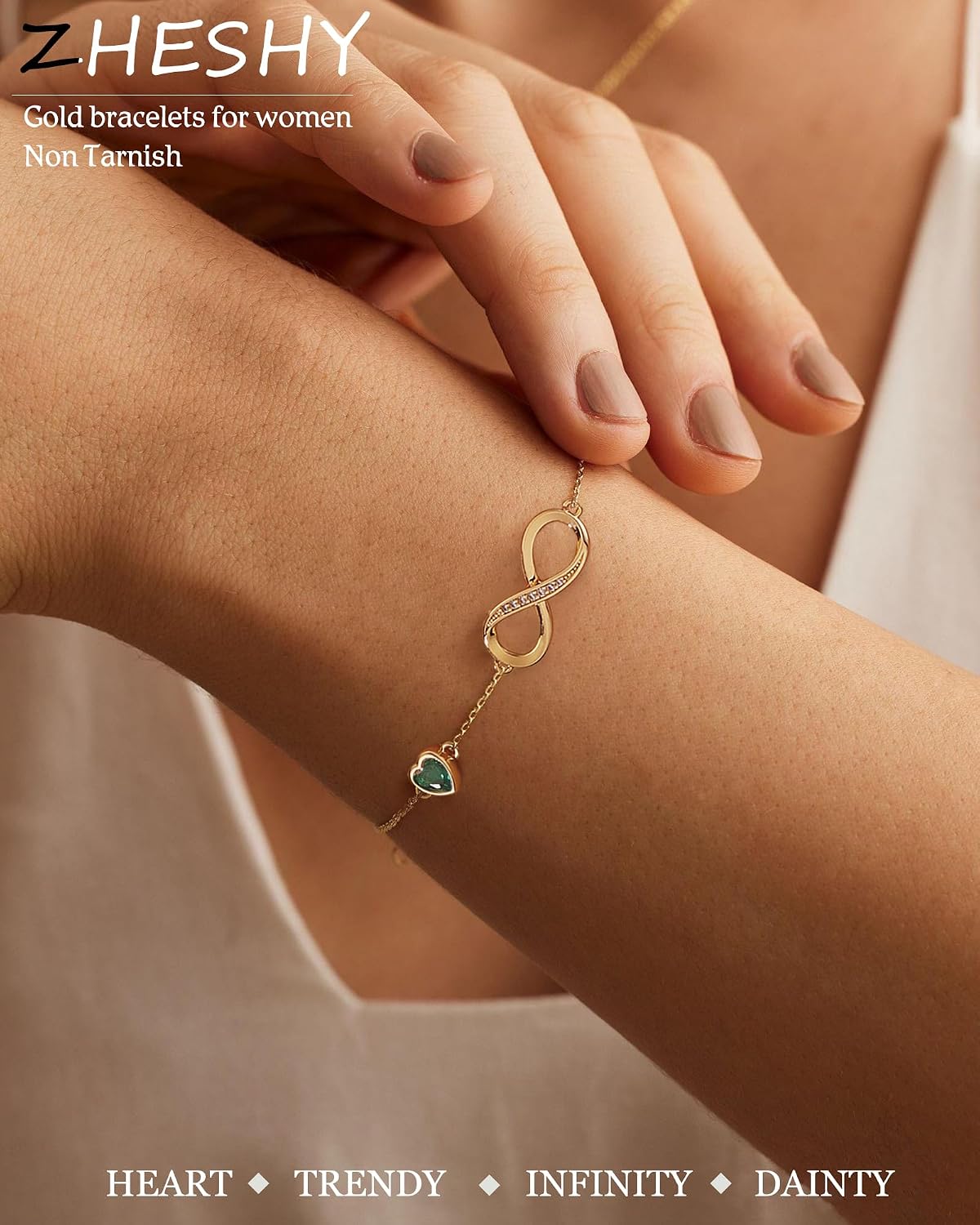 ZHESHY Infinity Birthstone Bracelets for Women Gold Charm Bracelets Non Tarnish Dainty 14K Gold Plated Heart Love Bracelets Birthday Jewelry Valentine's Day Gifts for Anniversary Wife Girlfriend Her