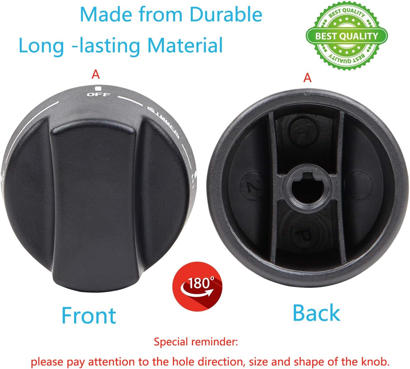 Front and back view of the Reyhoar PA010034 range knob, showing its durable plastic construction and D-shaped shaft.