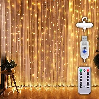 Party Propz 300 LED Fairy Curtain Lights- with Remote Control Adjustable Brightness; USB Plug for Bedroom Indoor Outdoor Garden Birthday Balloon Decoration Items/Husband Wife Kids; Warm