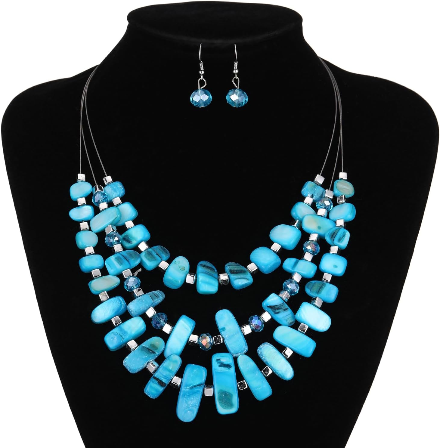 3 Layered Chunky Statement Necklace for Women Beaded Strand Necklaces with Earring Fashion Costumes Collar Necklace Jewelry Sets Gifts for Women - Image 4