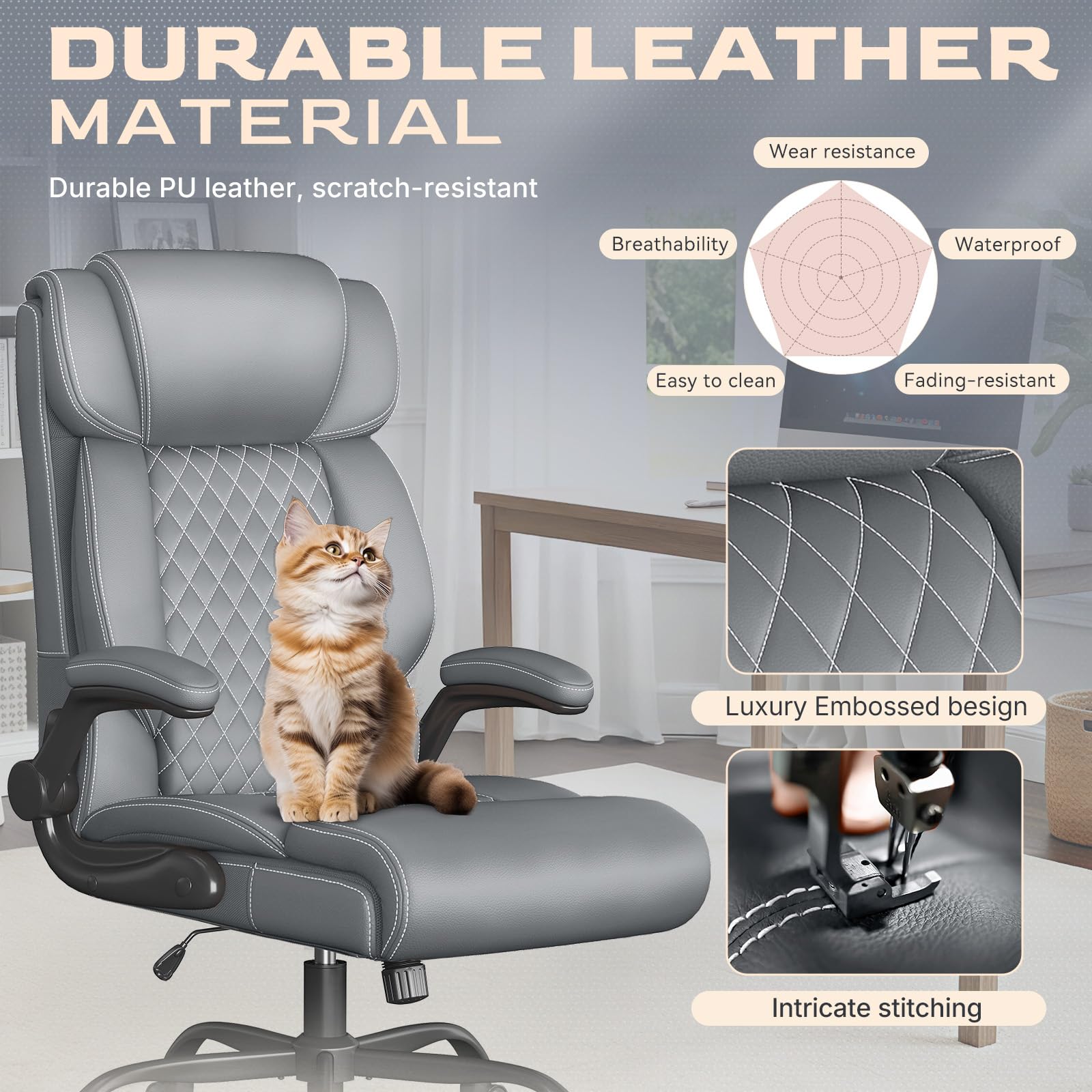 Office Chair Ergonomic Big and Tall Executive Desk Chair Breathable Leather Chair with Adjustable Flip-up Armrests Lumbar Support — view 3