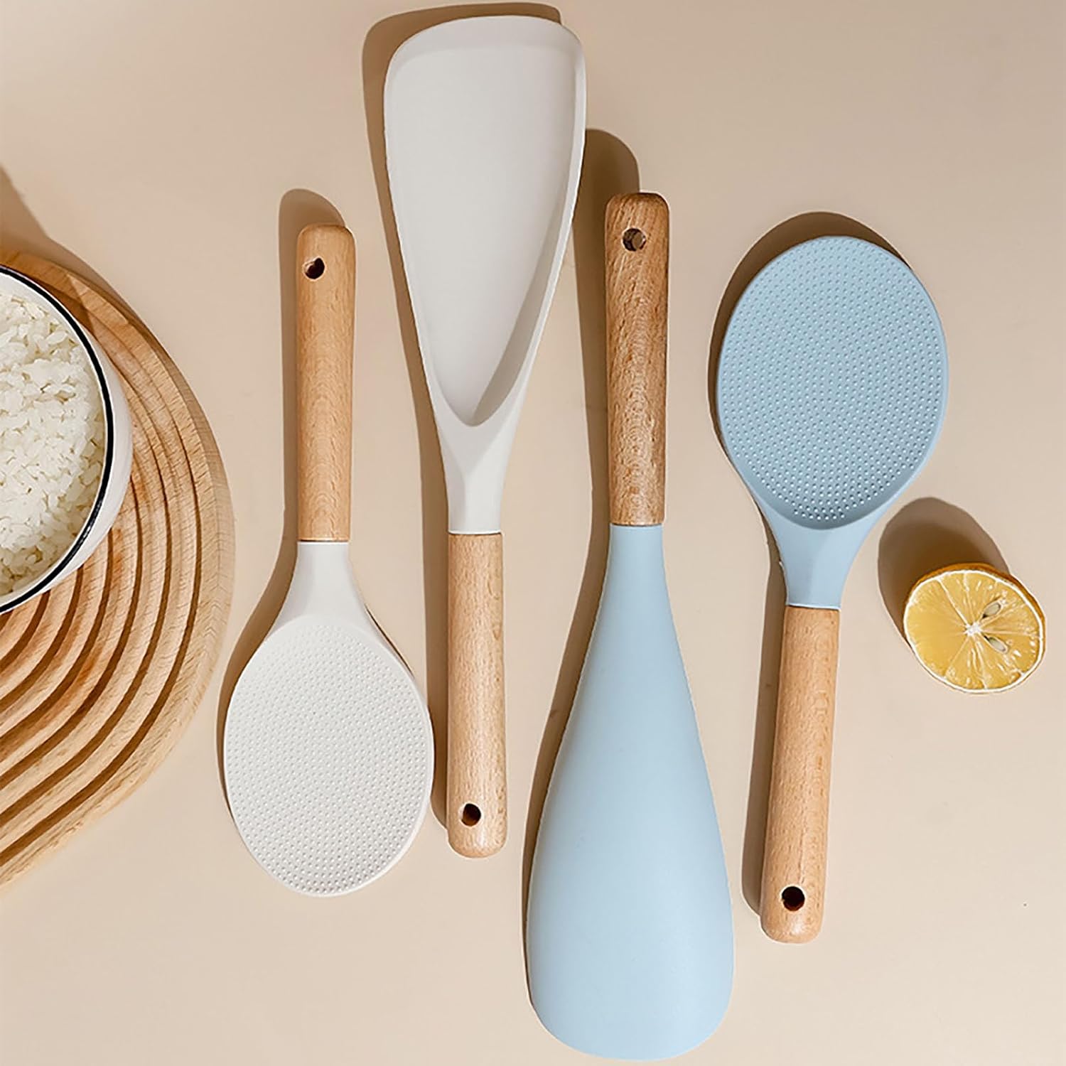2 Pcs Silicone Cooking Spoons for Nonstick Cookware - Wooden Handle Rice Scooper & Serving Spoon, BPA-Free Matte Silicone - Great for Mixing, Scraping, and Stirring (White-2-Pcs)